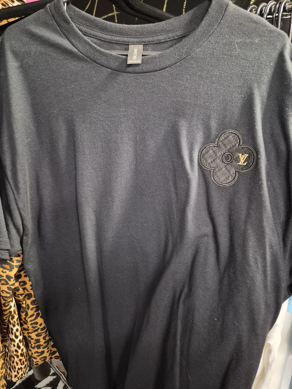Unisex Gildan Black Short Sleeve Tee with Small Flower Patch and Gold Accent